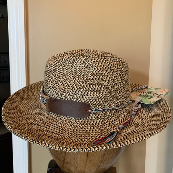 NWT COOL FASHION Brand Brown and tan adjustable hat w turquoise multi stone band - Picture 5 of 11